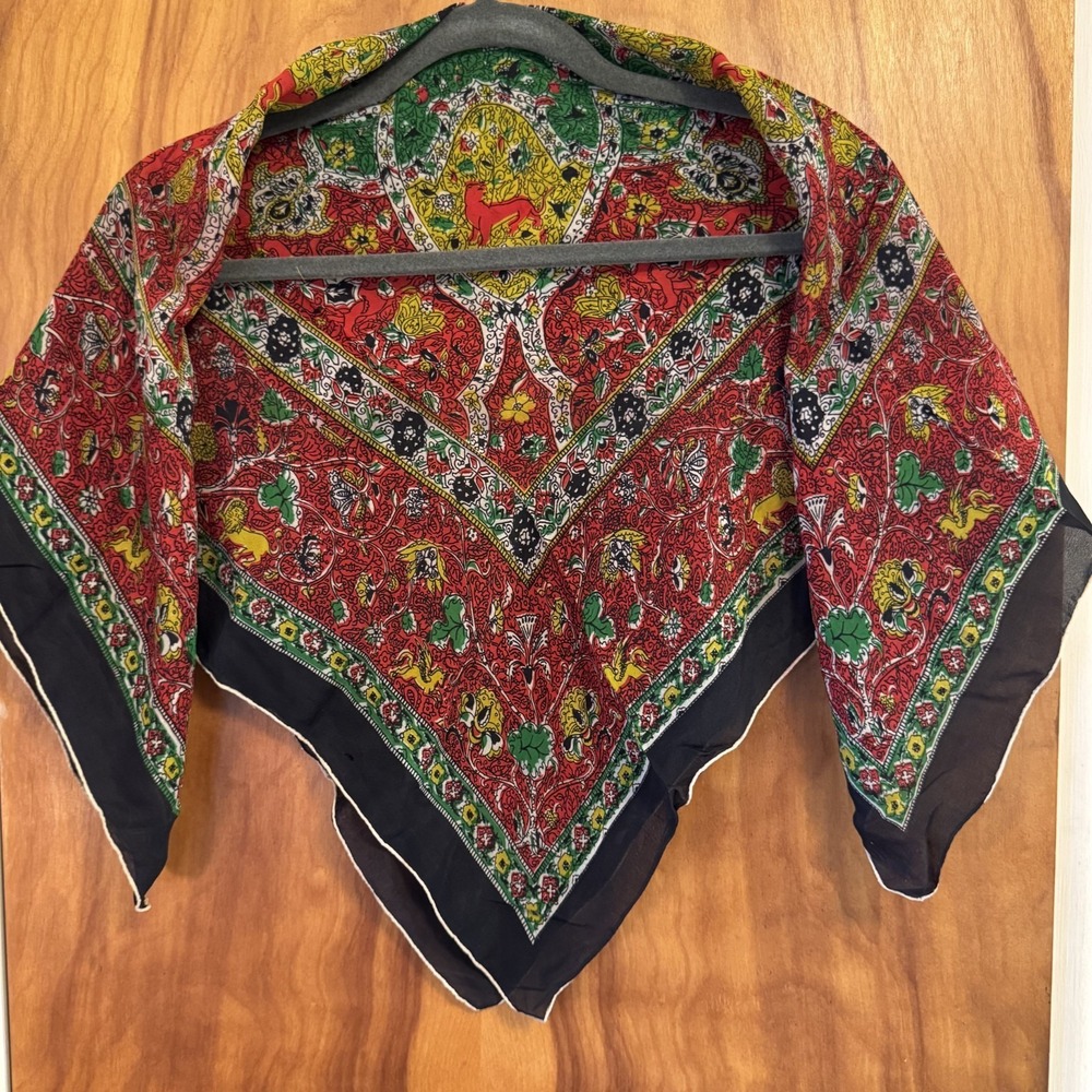 Vintage Red Green Yellow Boho Floral Lion jaguar Square Scarf 30" - Picture 10 of 11